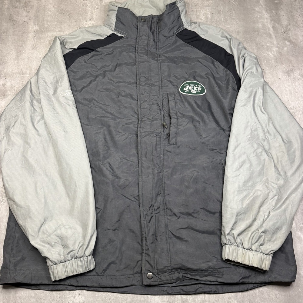 New York Jets Reebok Jacket Mens XL Green Gray White Full Zip Windbreaker
